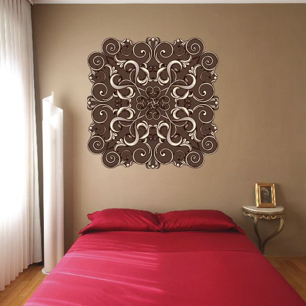 Floral headboard wall decal with ornate dark-brown swirling flowers, vinyl wall sticker