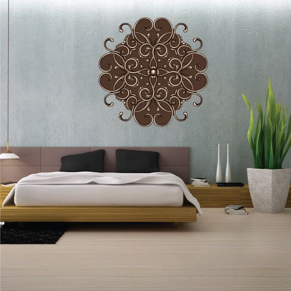 Ornate floral wall decal with brown scrollwork medallion centerpiece