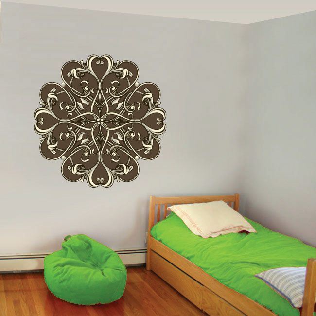 Floral headboard wall decal: ornate dark brown filigree medallion with scrollwork