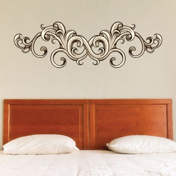 Floral headboard wall decal with ornate scrollwork, cream and dark outlines