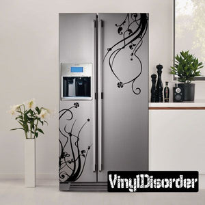 Floral refrigerator decal with black vine and swirl flowers on door