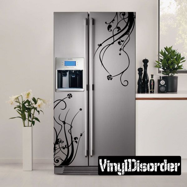 Floral refrigerator decal with black vine and swirl flowers on door