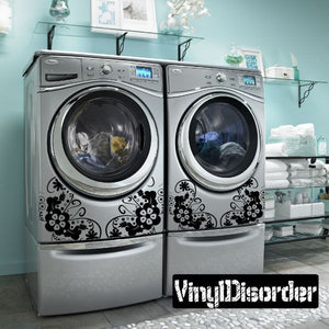 Floral washing machine decal with black swirling flowers across front panels