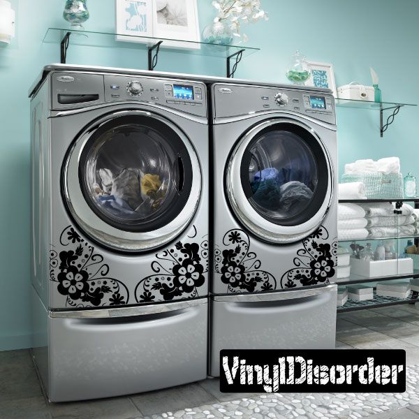 Floral washing machine decal with black swirling flowers across front panels