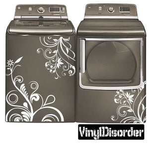 Washing machine decal with white floral swirls on dark gray surface