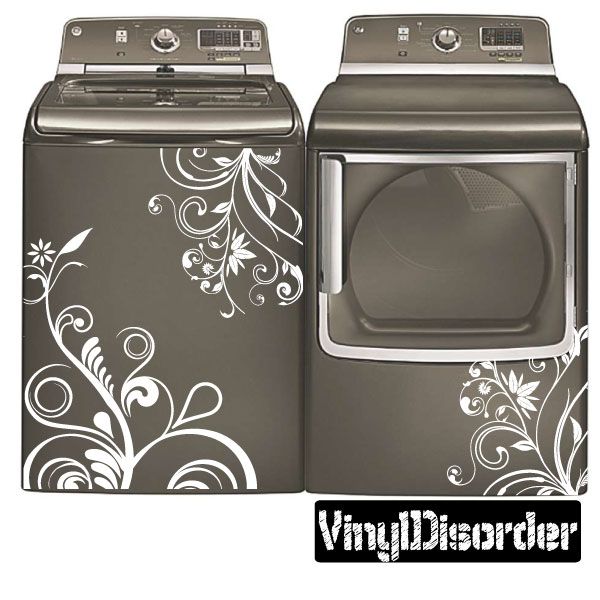 Washing machine decal with white floral swirls on dark gray surface