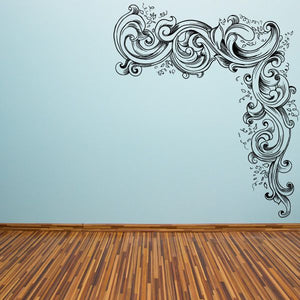 Ornate floral scroll corner vinyl wall decal with dark swirling vines