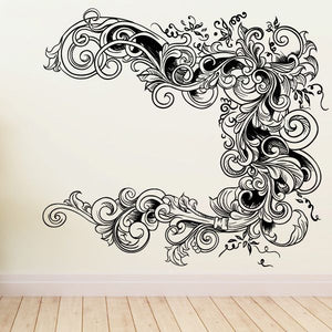 Ornate floral damask vinyl wall decal with swirling corner scrolls, dark ink