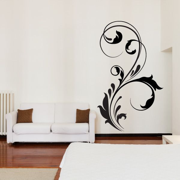 Floral swirl wall decal, black vine scroll pattern with leaf accents