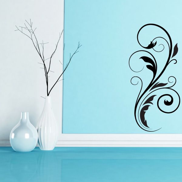 Floral swirl vinyl wall decal with black vine and leaf shapes