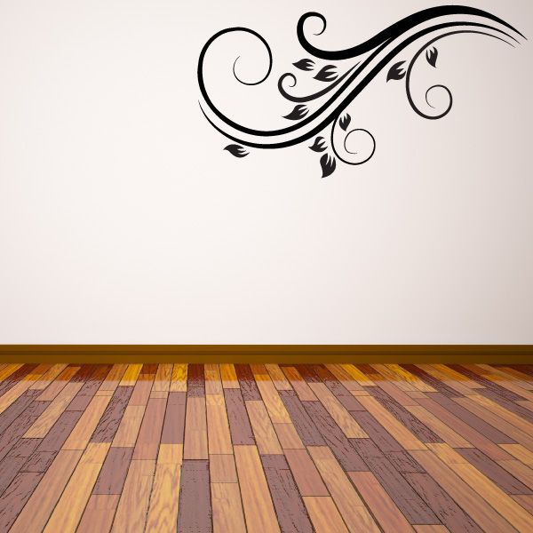 Floral swirl vinyl wall decal with black curving vines and leaf details