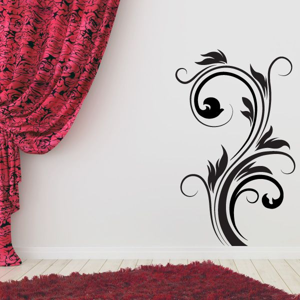 Floral swirl wall decal with black curling vine and scroll accents