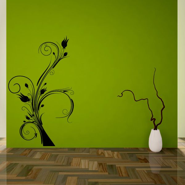 Floral swirl wall decal with dark vine and blossoms on a smooth surface