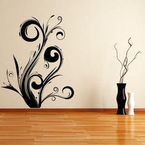 Floral swirl wall decal with black curling vine and leaf shapes
