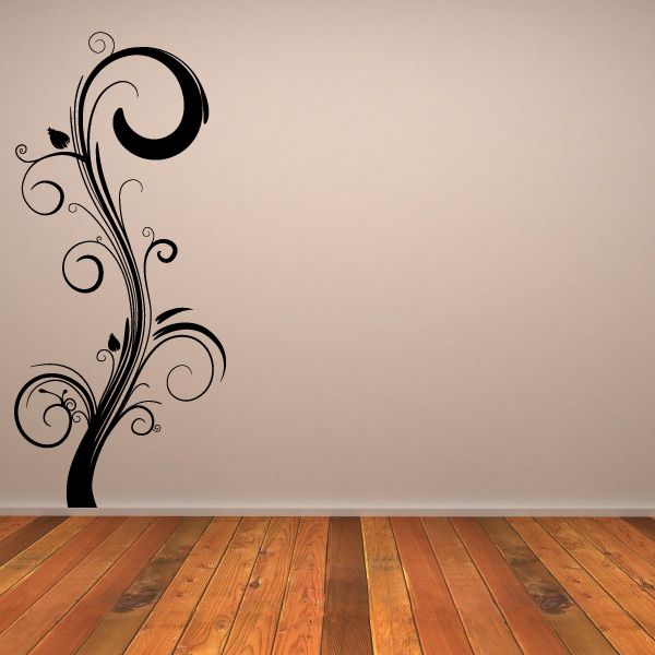 Floral swirl wall decal, black vine with curled leaves and swirls