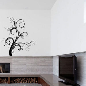 Floral swirl wall decal with curling vine and leaves, dark floral silhouette