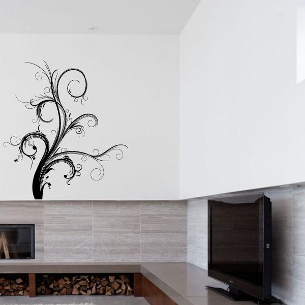 Floral swirl wall decal with curling vine and leaves, dark floral silhouette