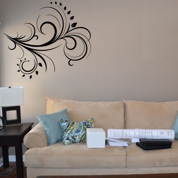 Floral swirl wall decal vinyl with black decorative scroll and dots
