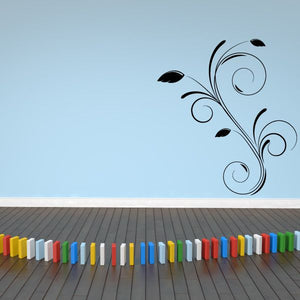 Floral swirl vinyl wall decal with blue scrolls and black leaf accents