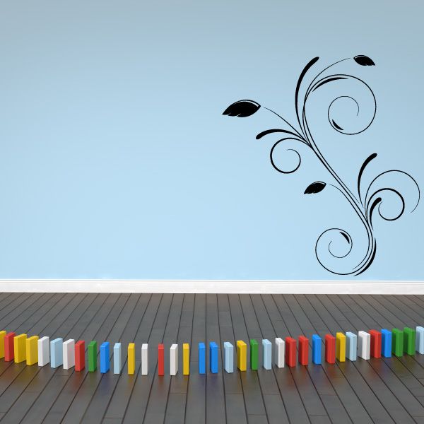 Floral swirl vinyl wall decal with blue scrolls and black leaf accents