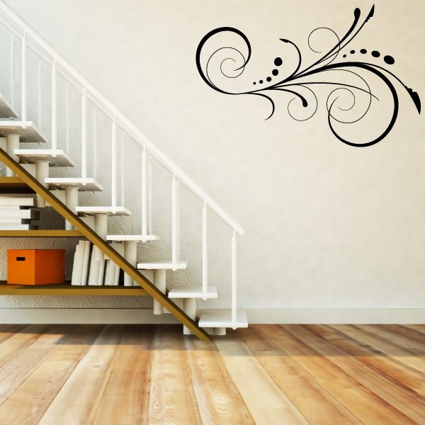 Floral swirl vinyl wall decal with black vine and dot accents