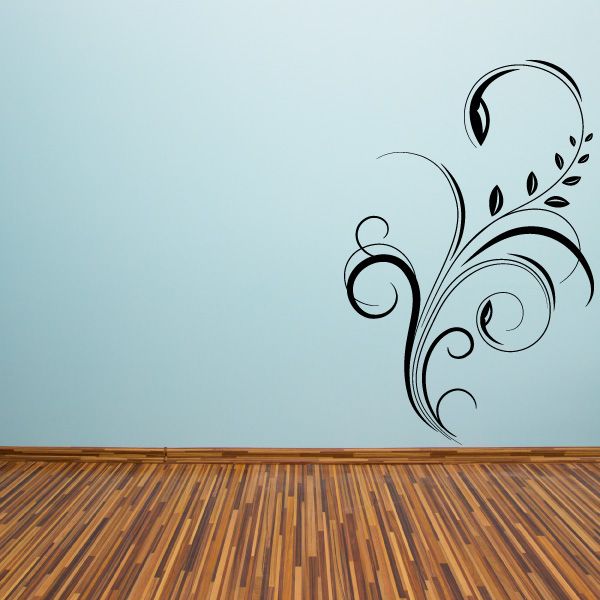 Floral swirl vinyl wall decal with leaf and curl accents, black