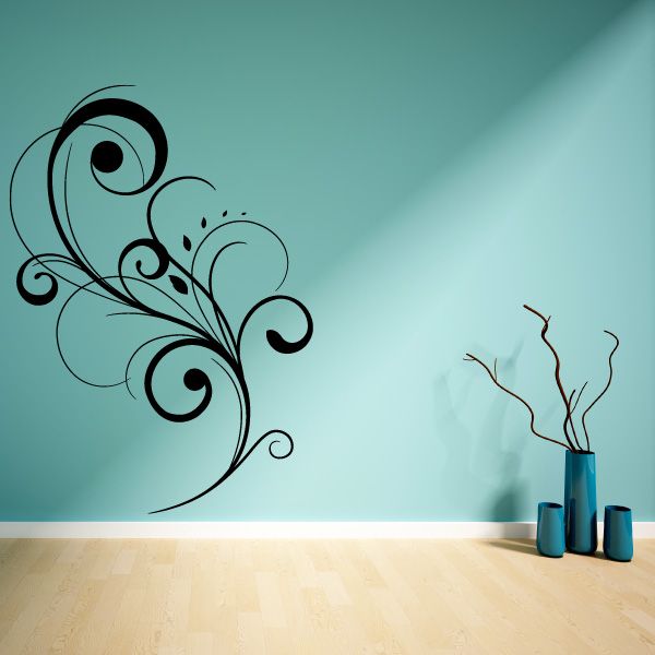 Floral swirl vinyl wall decal with black curling vine and leaf motifs