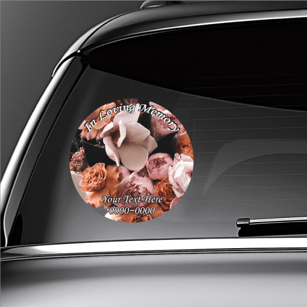 Round rose floral memorial sticker with “In Loving Memory” text