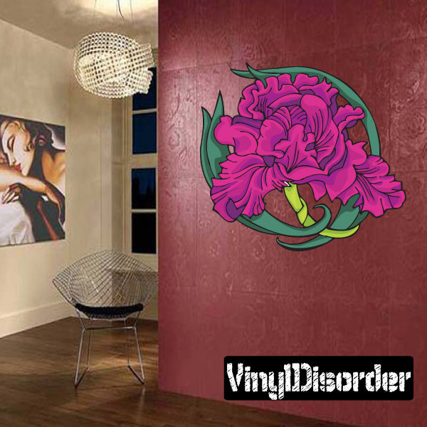 Flower bunch sticker with pink roses and green leaves in an oval frame