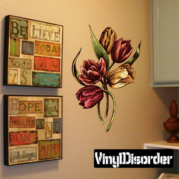 Flower bunch wall stickers with red and pink tulips and green leaves