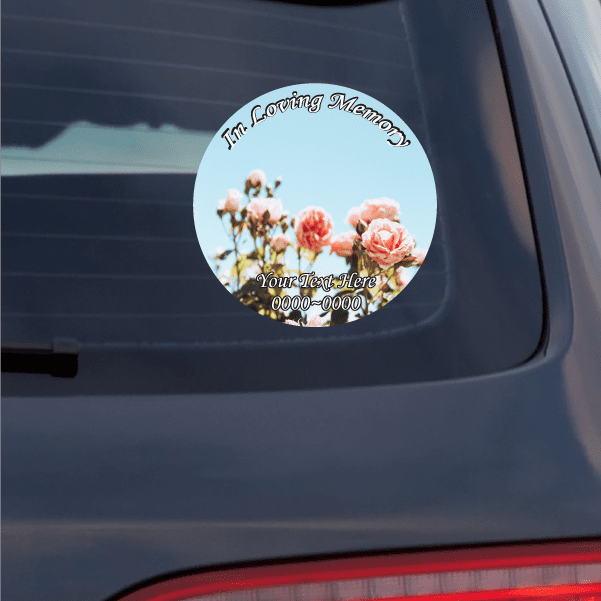 Round memorial flower sticker with peach pink blooms and custom text