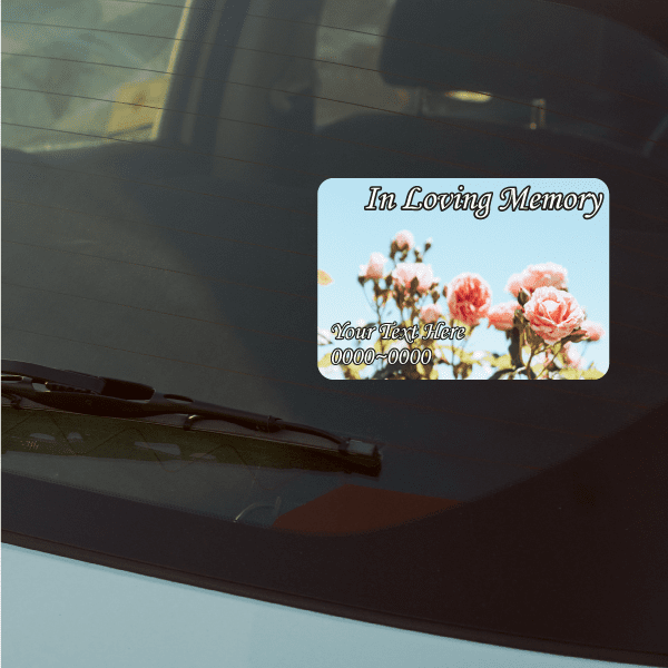 Memorial custom sticker with “In Loving Memory” text and floral design, includes name line