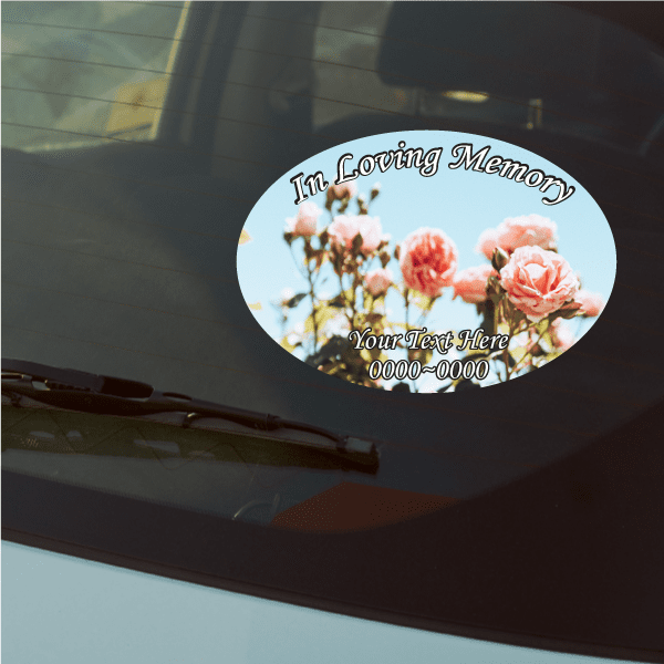 Oval memorial sticker with “In Loving Memory” and rose image; “Your Text Here”