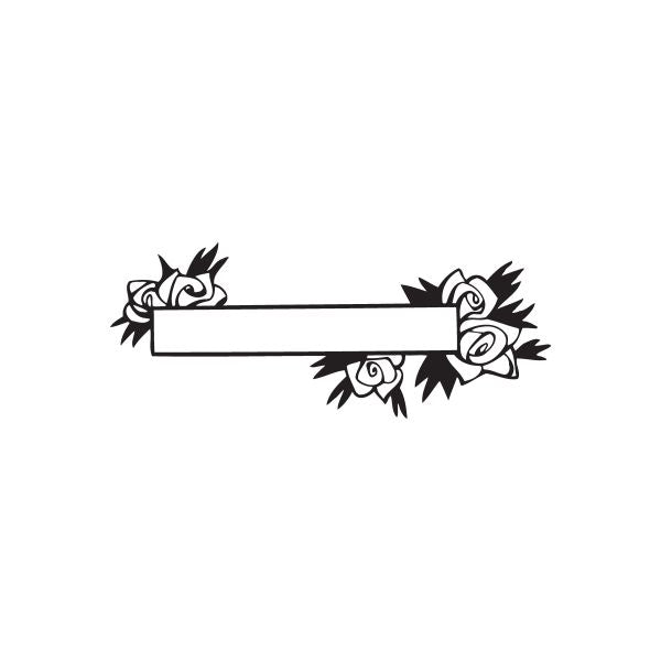 Flower frame wall decal with floral roses and ribbon banner, black outline