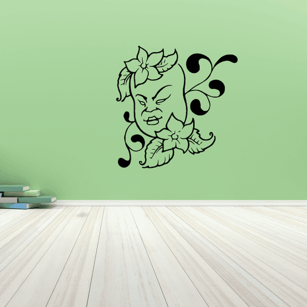 Flower girl mask decal sticker with green outlined face and floral accents