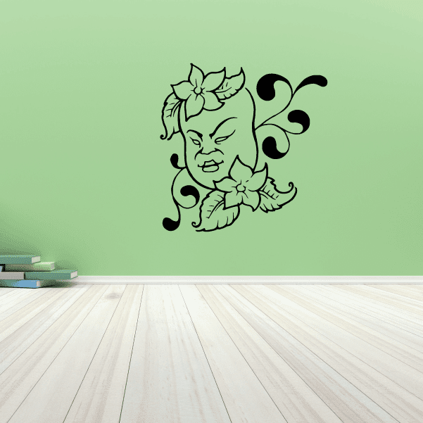 Flower girl mask decal sticker with green outlined face and floral accents
