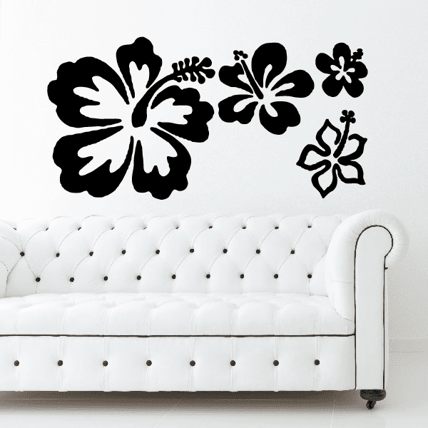 Hibiscus flower wall decal set with multiple black floral silhouettes