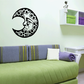 Moon face wall decal, black and white stylized crescent with facial features