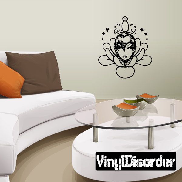 Flower sprite tattoo decal, black line-art flower sprite with stars