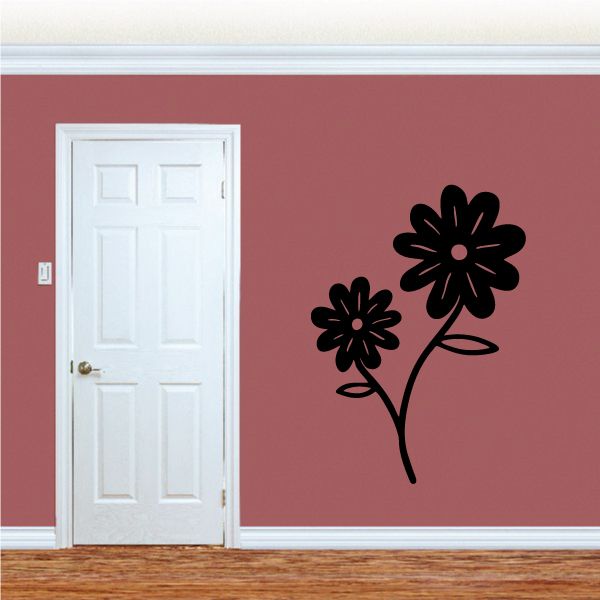 Flower wall decal with two black flowers and pink centers on thin stems