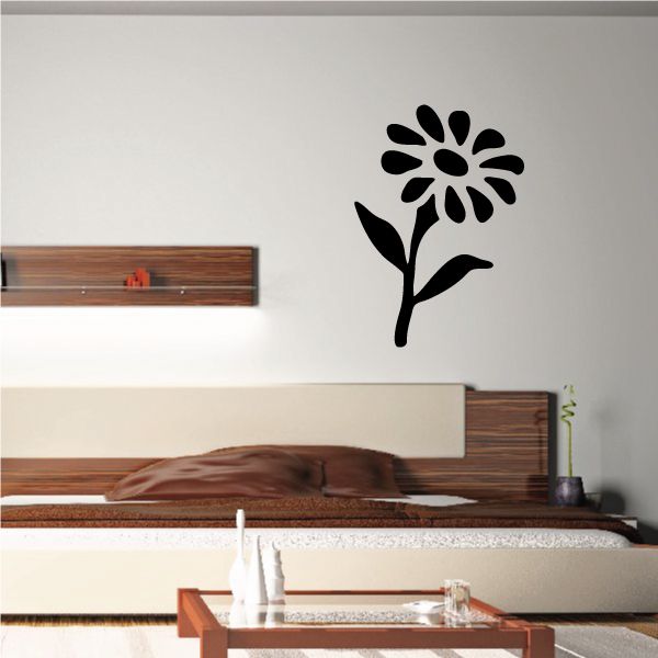Black vinyl flower wall decal with one large blossom and leafy stem
