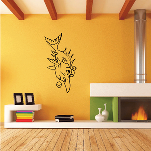 Deer head and flower vinyl wall decal, black outline