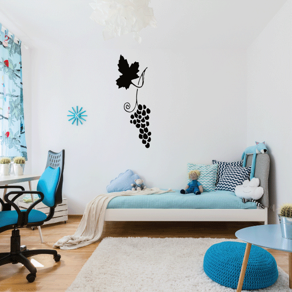 Grape leaf and grape cluster vinyl wall decal in dark silhouette