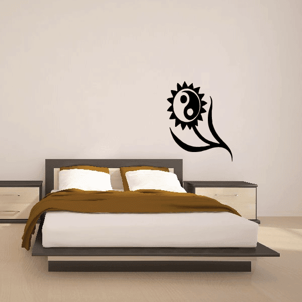 Flower wall decal vinyl sticker, black stylized bloom with curling stem