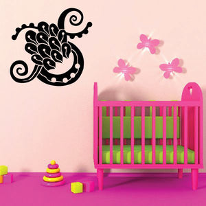 Vinyl flower wall decal with black floral swirl and three pink butterflies