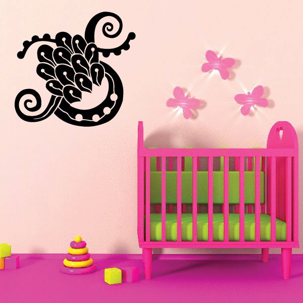 Vinyl flower wall decal with black floral swirl and three pink butterflies