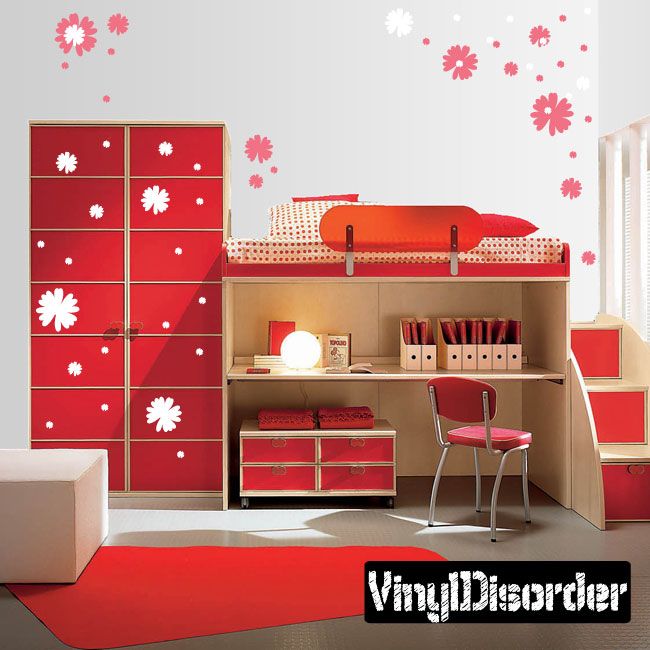 Flower wall decals kit with pink and white flower stickers