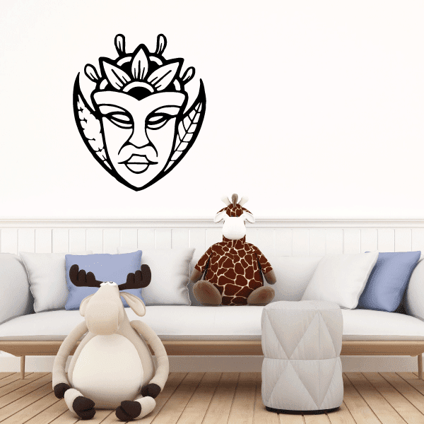 Floral woman mask wall decal, black and white illustrated face with headdress