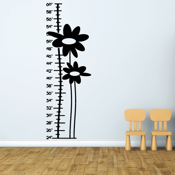 Black growth chart wall decal with ruler and two daisy flowers, white centers
