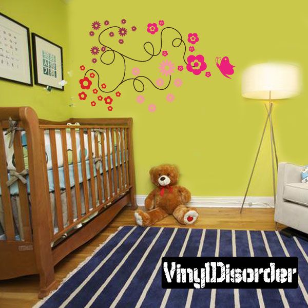 Pink and red flower string wall decal with curling vine and small flower clusters